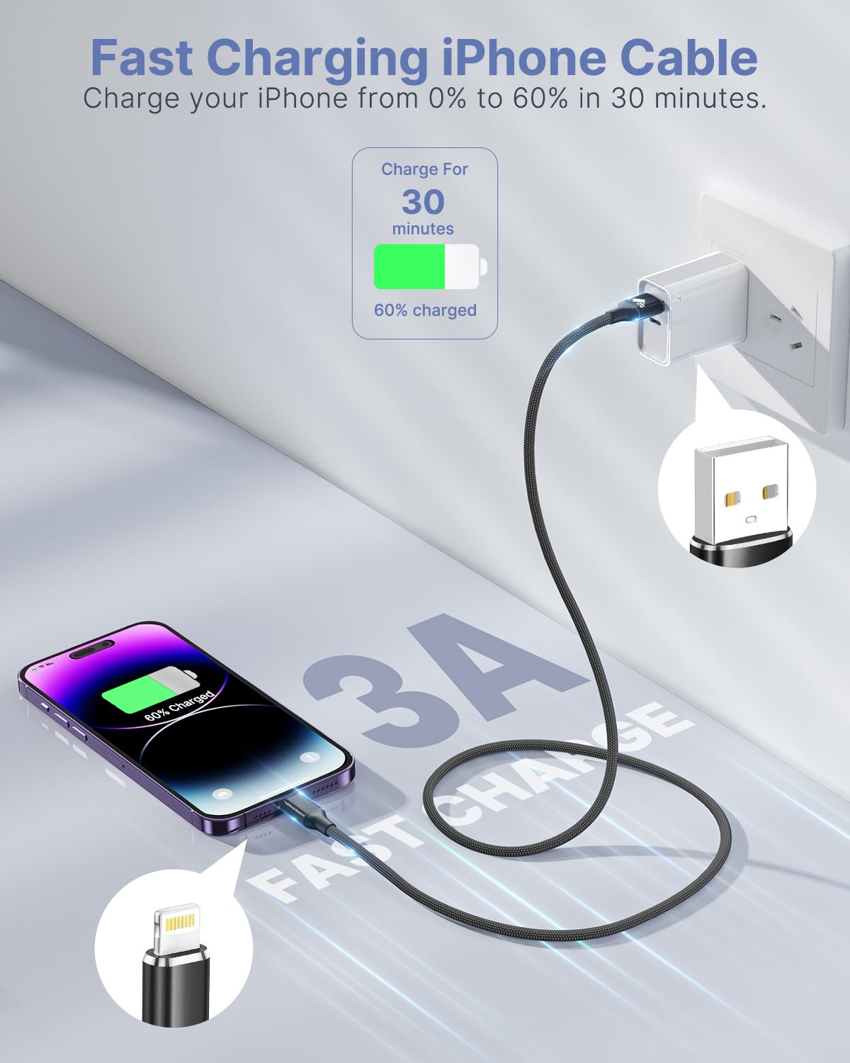 iPhone Charger Cable 2M, MFi Certified Lightning Cable Fast Charging iPhone Charger Nylon USB iphone Charging Cable Lead for iPhone 14 13 12 11 Pro Max XS XR X 8 7 6 Plus 5 SE,iPad