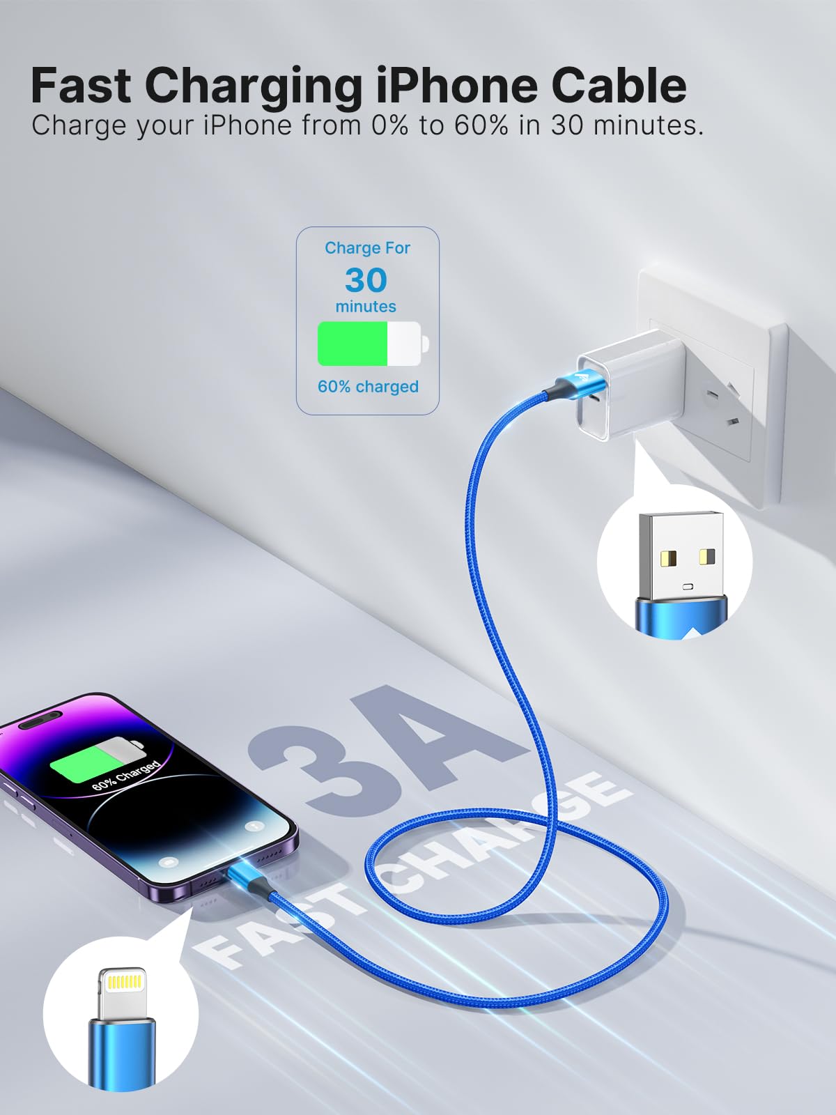 iPhone Charger Cable 2M, MFi Certified Lightning Cable Fast Charging iPhone Charger Nylon USB iphone Charging Cable Lead for iPhone 14 13 12 11 Pro Max XS XR X 8 7 6 Plus 5 SE,iPad